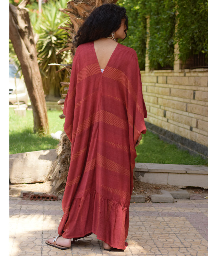 Burgundy Handwoven Ruffle Kaftan handmade in Egypt & available at Jozee boutique