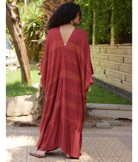 Burgundy Handwoven Ruffle Kaftan handmade in Egypt & available at Jozee boutique