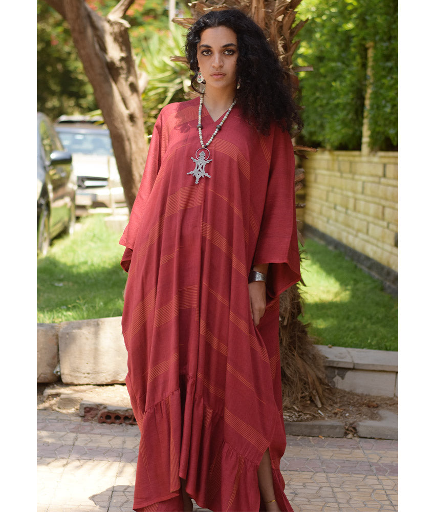 Burgundy Handwoven Ruffle Kaftan handmade in Egypt & available at Jozee boutique