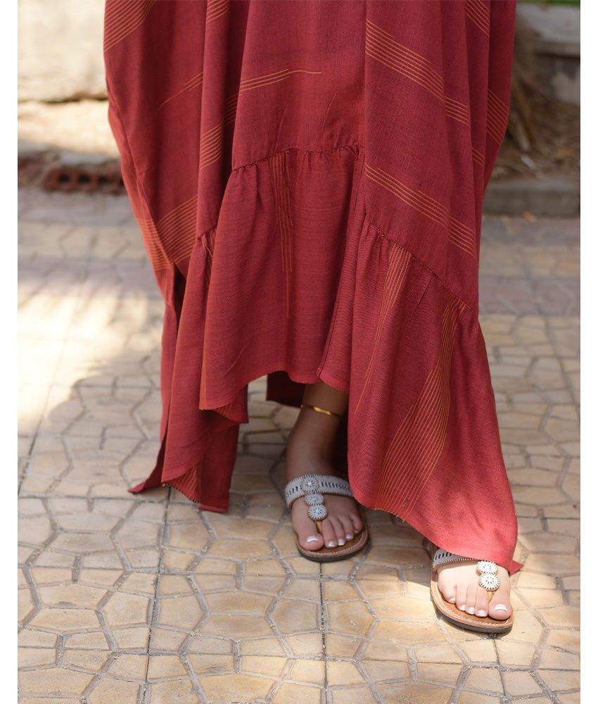 Burgundy Handwoven Ruffle Kaftan handmade in Egypt & available at Jozee boutique