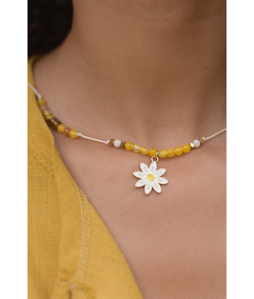 Yellow & white Beaded Necklace handmade in Egypt & available at Jozee Boutique.