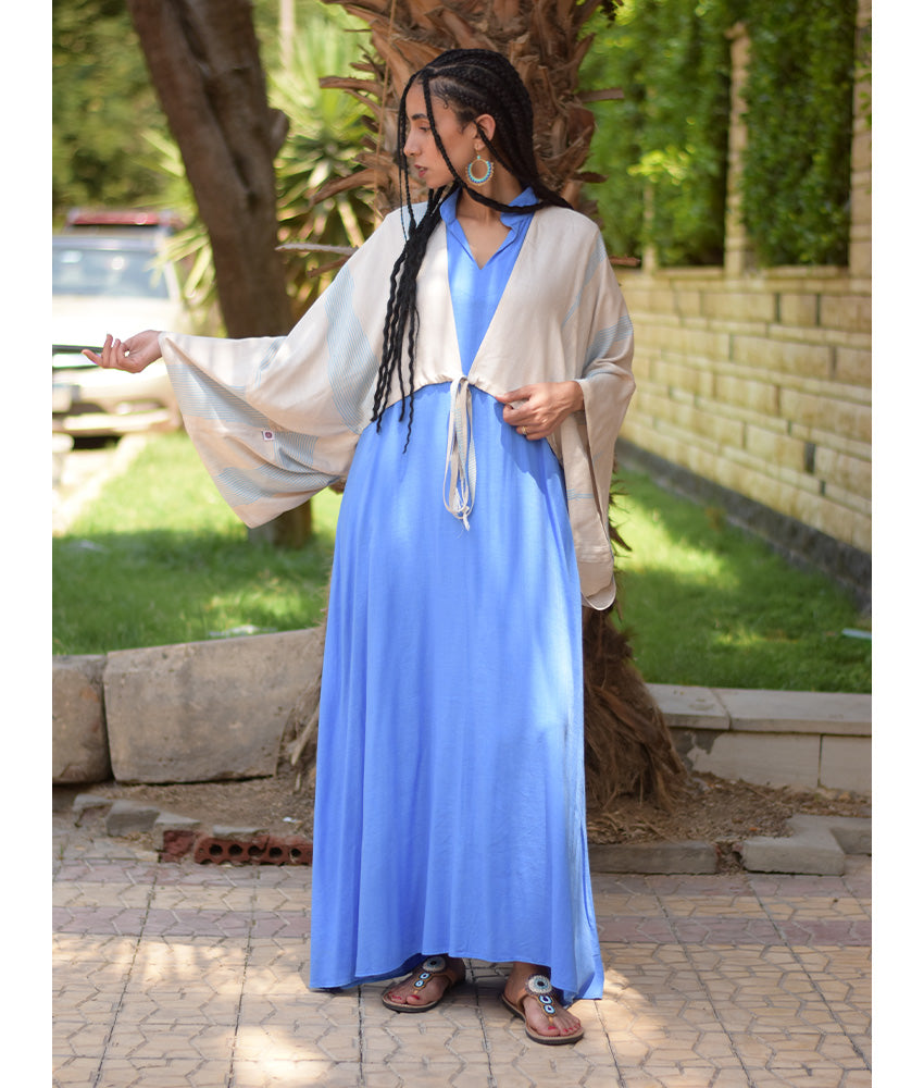 Blue & Beige Viscose Bolero handmade in Egypt & available at Jozee Boutique.