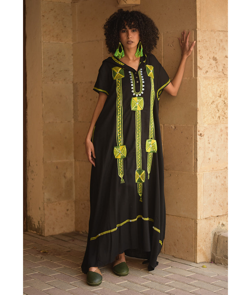 Black Siwa Heavily Embroidered Linen Dress with Hoodie handmade in Egypt & available at Jozee Boutique.
