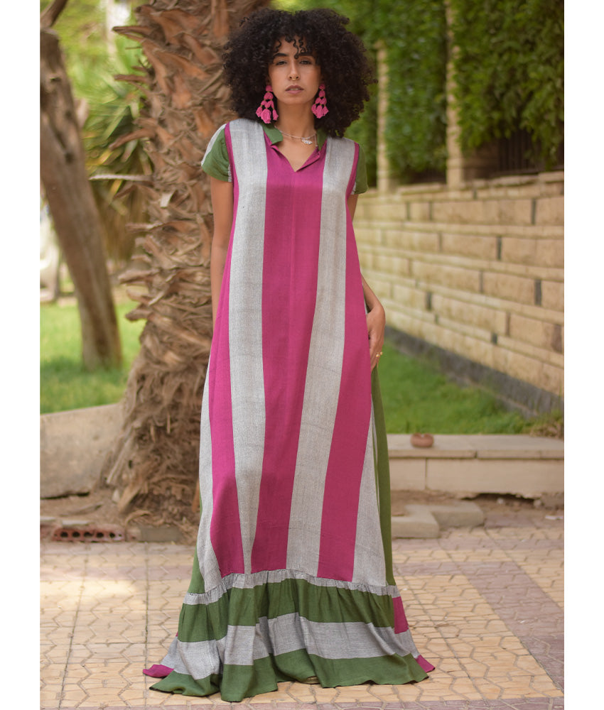 Multicolored Handwoven Ruffle Dress handmade in Egypt & available at Jozee Boutique.