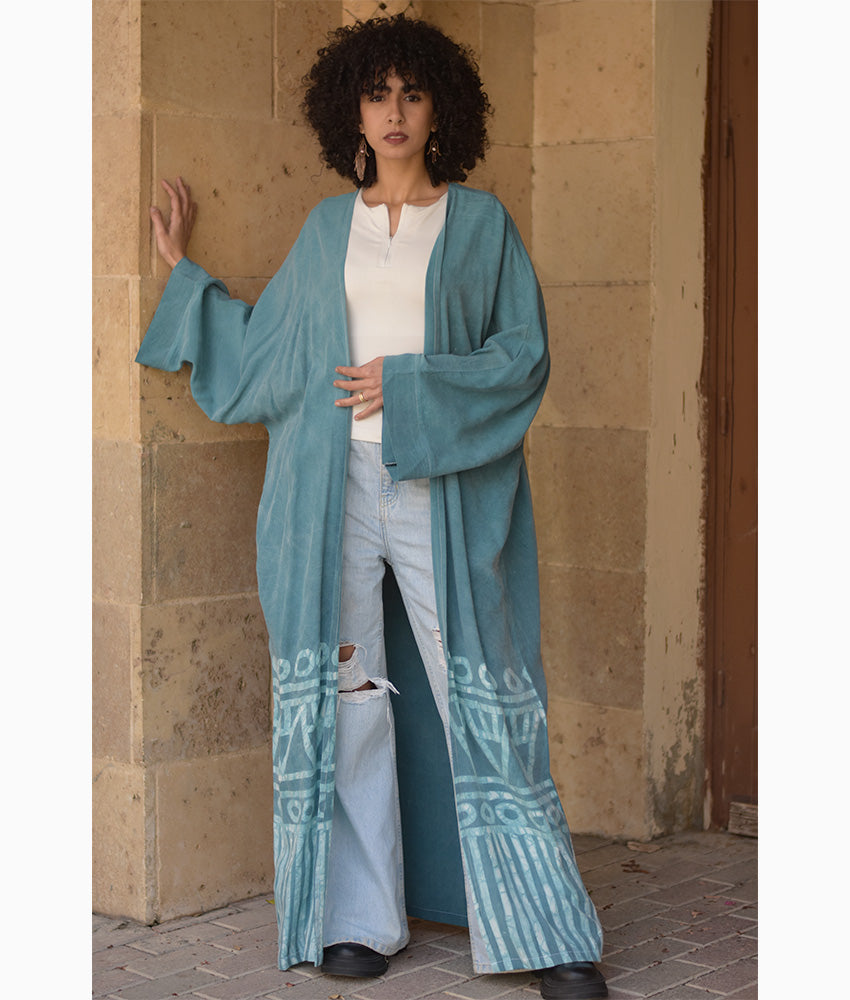 Teal Batik Dyed Nubian Cardigan handmade in Egypt & available at Jozee Boutique.