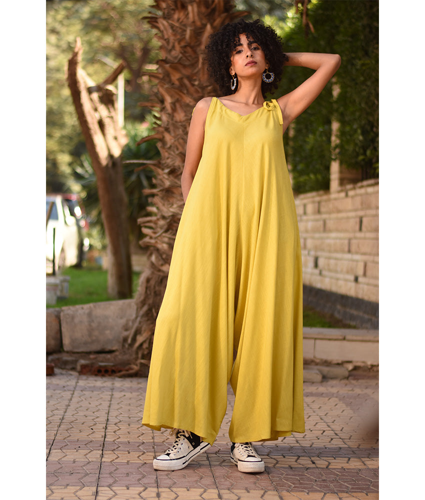Mustard Flowy Jumpsuit/Dress handmade in Egypt & available at Jozee Boutique.