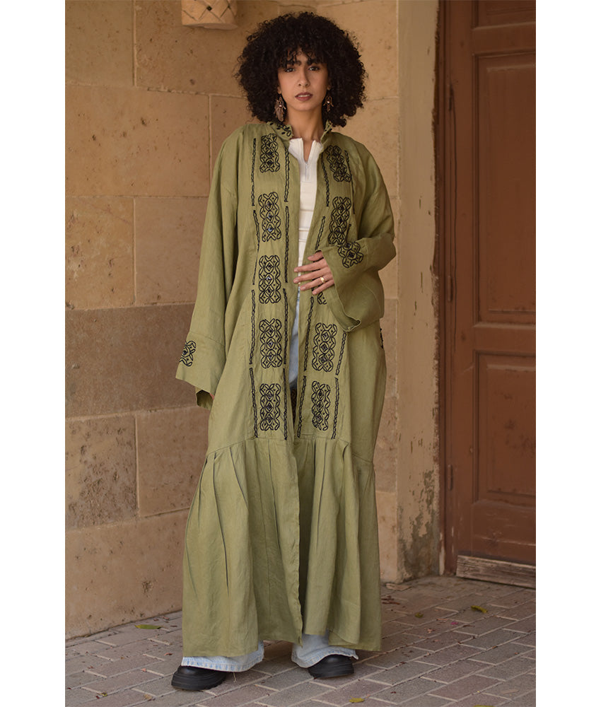 Olive Green Linen Cardigan with Hand Embroideries handmade in Egypt & available at Jozee Boutique.