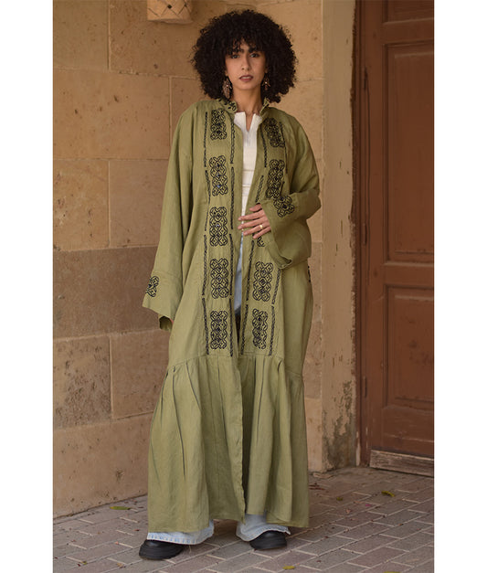 Olive Green Linen Cardigan with Hand Embroideries handmade in Egypt & available at Jozee Boutique.