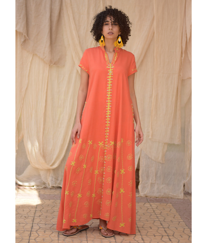 Orange Siwa Embroidered Linen Japanese Dress handmade in Egypt & available at Jozee Boutique.