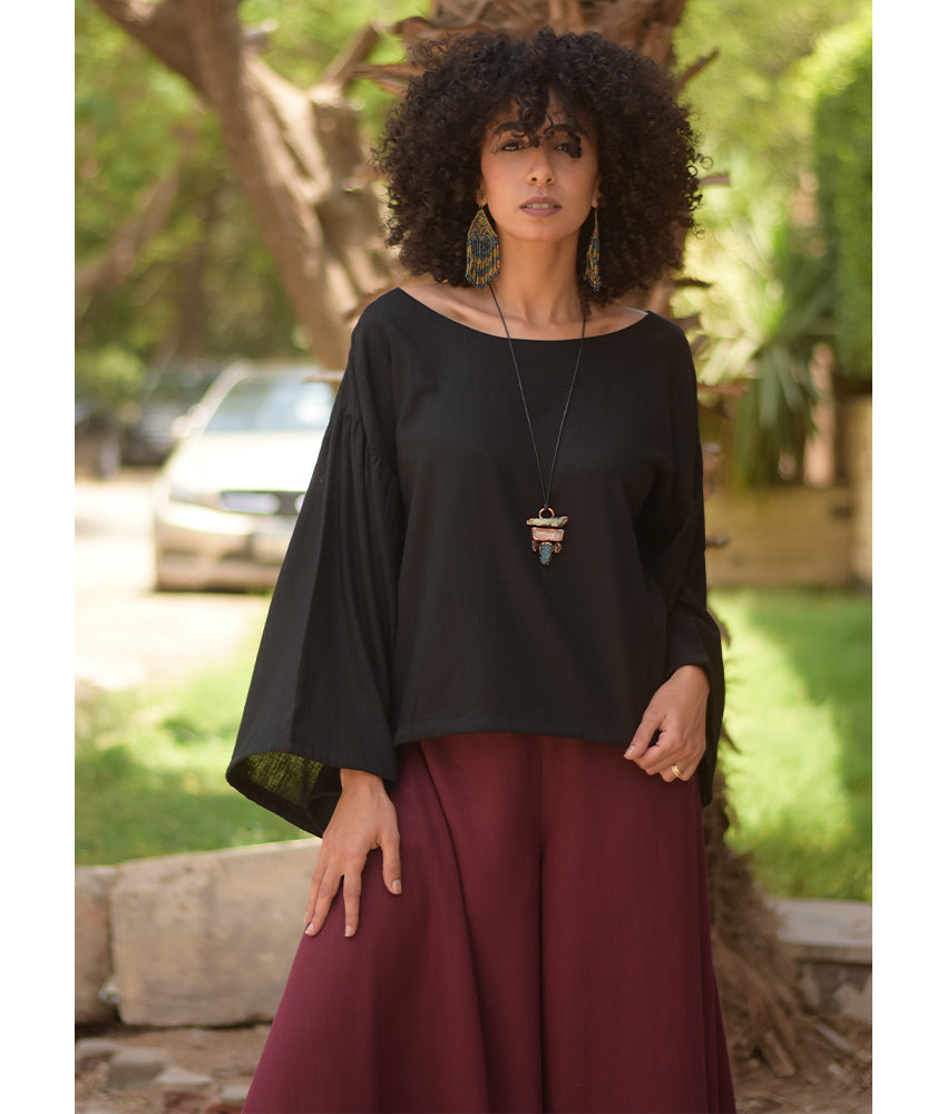 Black Linen Long Sleeves Cinched Top handmade in Egypt & available at Jozee boutique