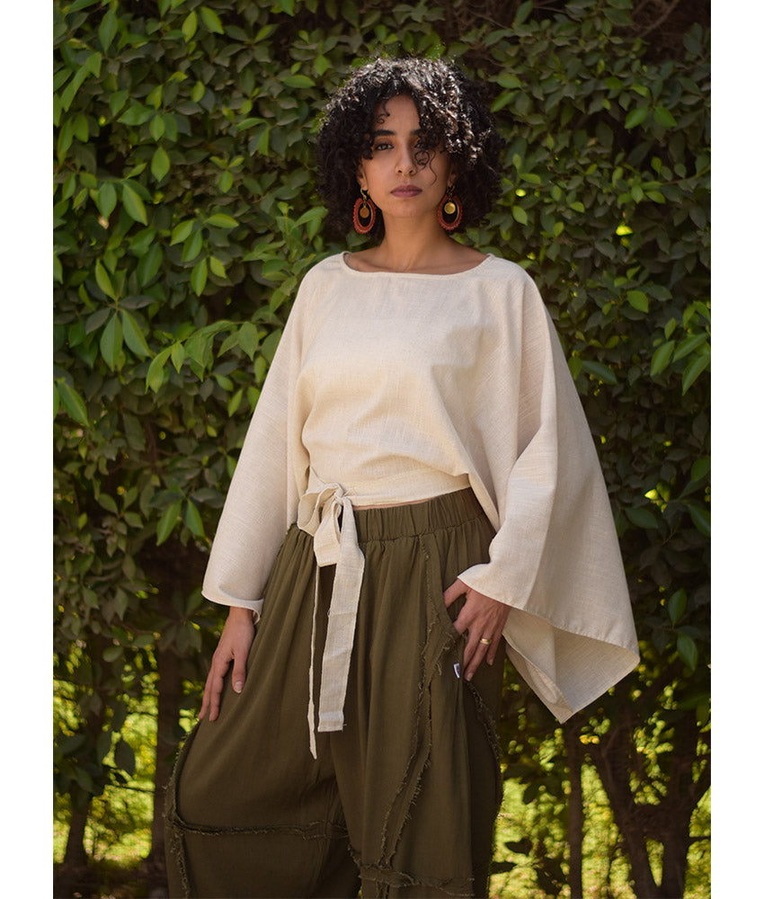 Off White Kimono Linen Top handmade in Egypt & available at Jozee Boutique.