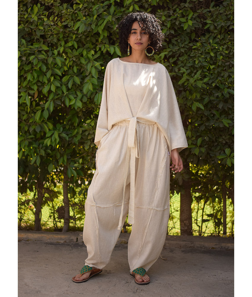 Off White Wide Leg Linen Frayed Pants handmade in Egypt & available at Jozee Boutique.