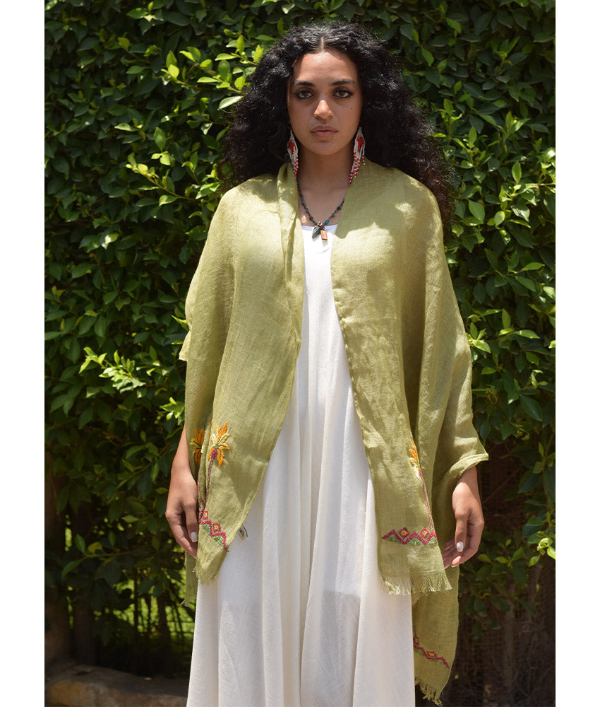 Light Olive Green Embroidered Linen Shawl Handmade in Egypt & available at Jozee Boutique