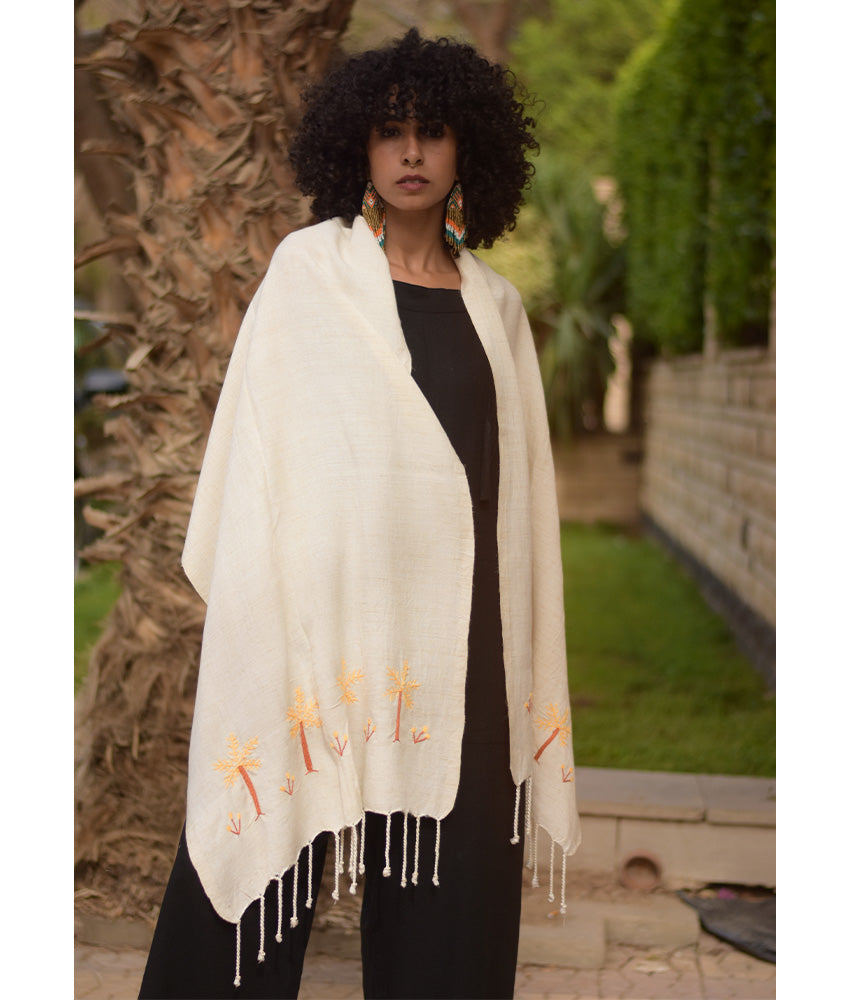 Off White Embroidered Linen Shawl handmade in Egypt & available at Jozee Boutique.handmade in Egypt & available at Jozee Boutique.
