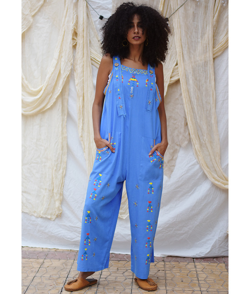 Denim Blue Siwa Embroidered Linen Jumpsuit
