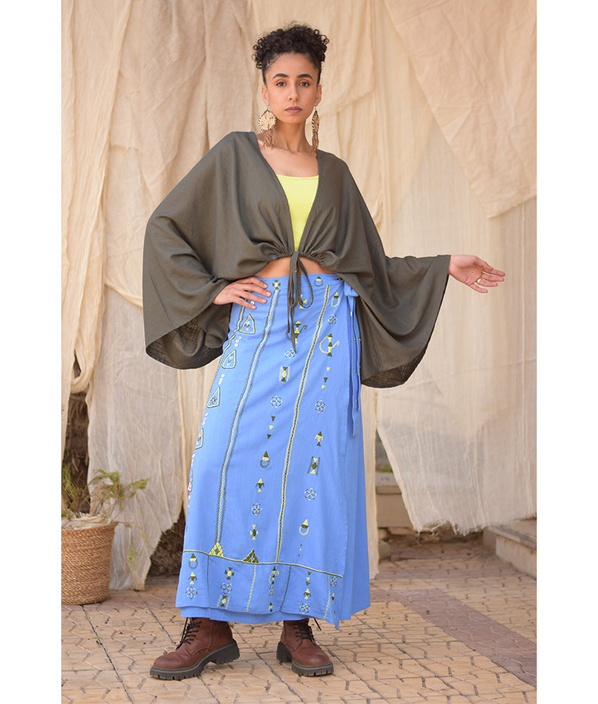 Denim Blue Siwa Embroidered Linen Wrap Skirt handmade in Egypt & available at Jozee Boutique.