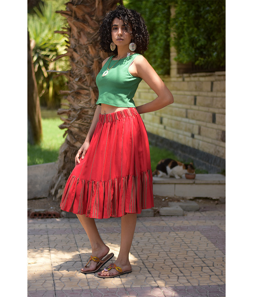 Red Handwoven short Ruffle Skirt handmade in Egypt & available at Jozee Boutique.Red Handwoven short Ruffle Skirt handmade in Egypt & available at Jozee Boutique.