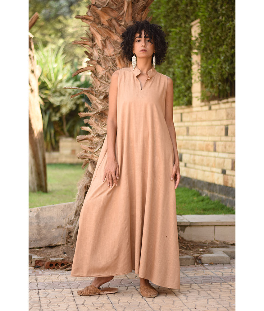 Dark Beige Linen Japanese Dress made in Egypt & available in Jozee boutique