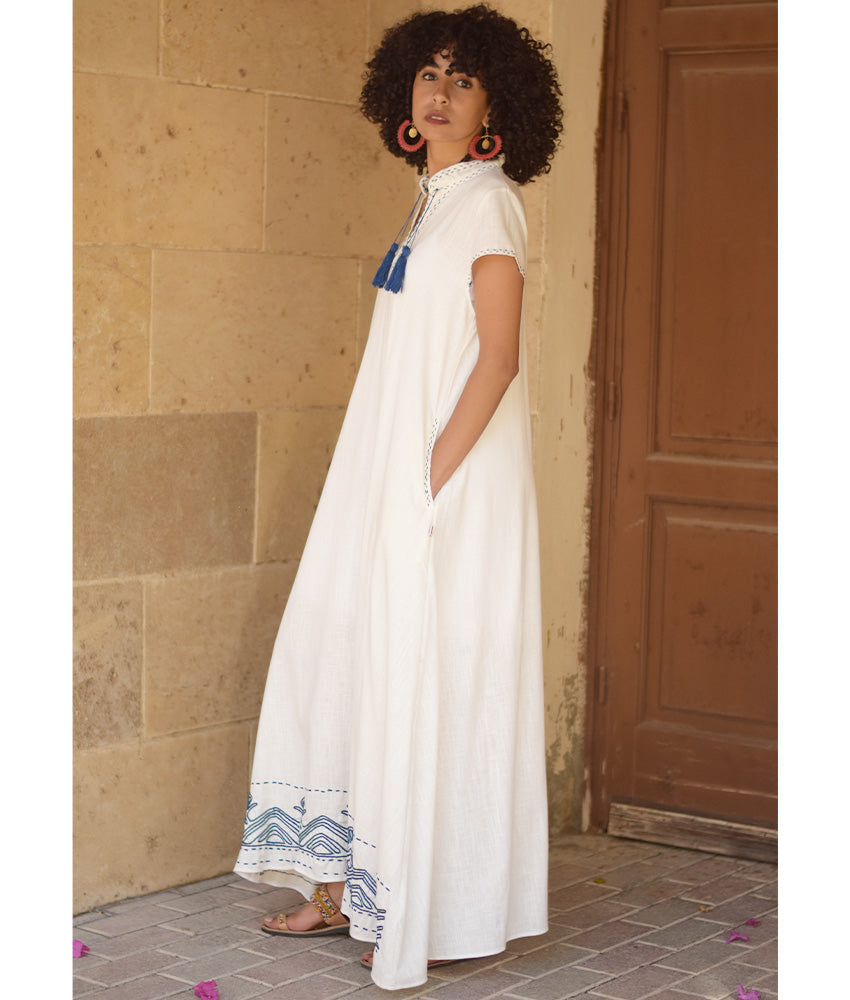 Off-White Linen Dress with Ancient Egyptian Lotus Embroidery handmade in Egypt & available at Jozee Boutique.