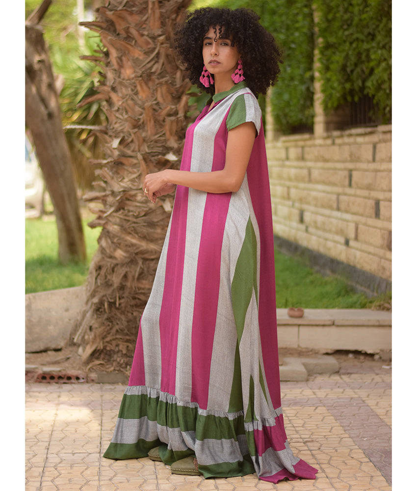 Multicolored Handwoven Ruffle Dress handmade in Egypt & available at Jozee Boutique.