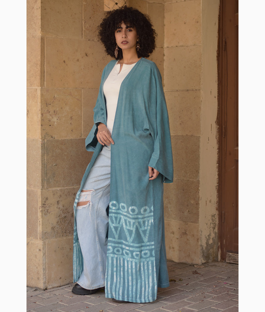 Teal Batik Dyed Nubian Cardigan handmade in Egypt & available at Jozee Boutique.