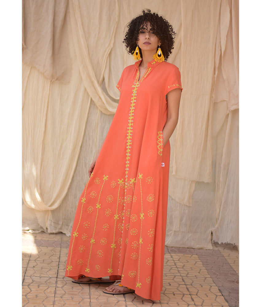 Orange Siwa Embroidered Linen Japanese Dress handmade in Egypt & available at Jozee Boutique.