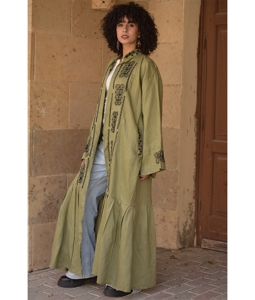 Olive Green Linen Cardigan with Hand Embroideries handmade in Egypt & available at Jozee Boutique.