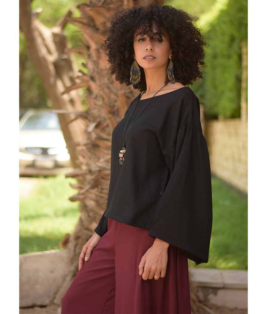 Black Linen Long Sleeves Cinched Top handmade in Egypt & available at Jozee boutique