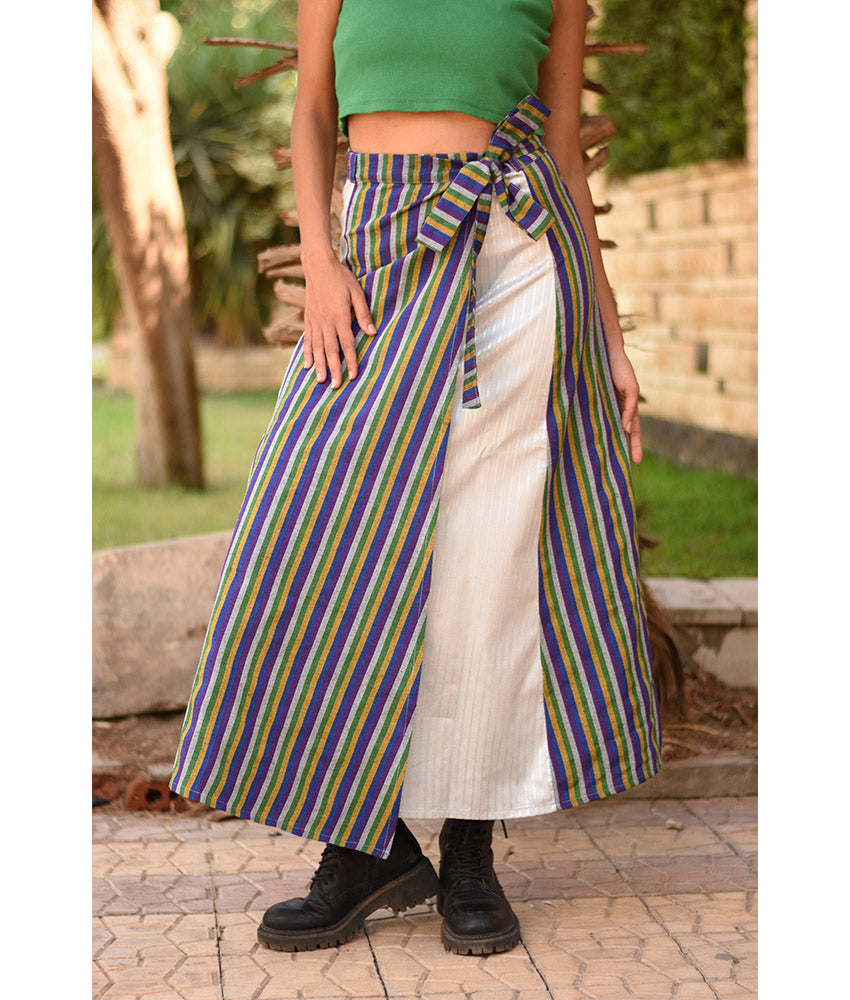 Multicolored & Silver Silk and Cotton Loom Woven Long Wrap Skirt handmade in Egypt & available at Jozee Boutique.
