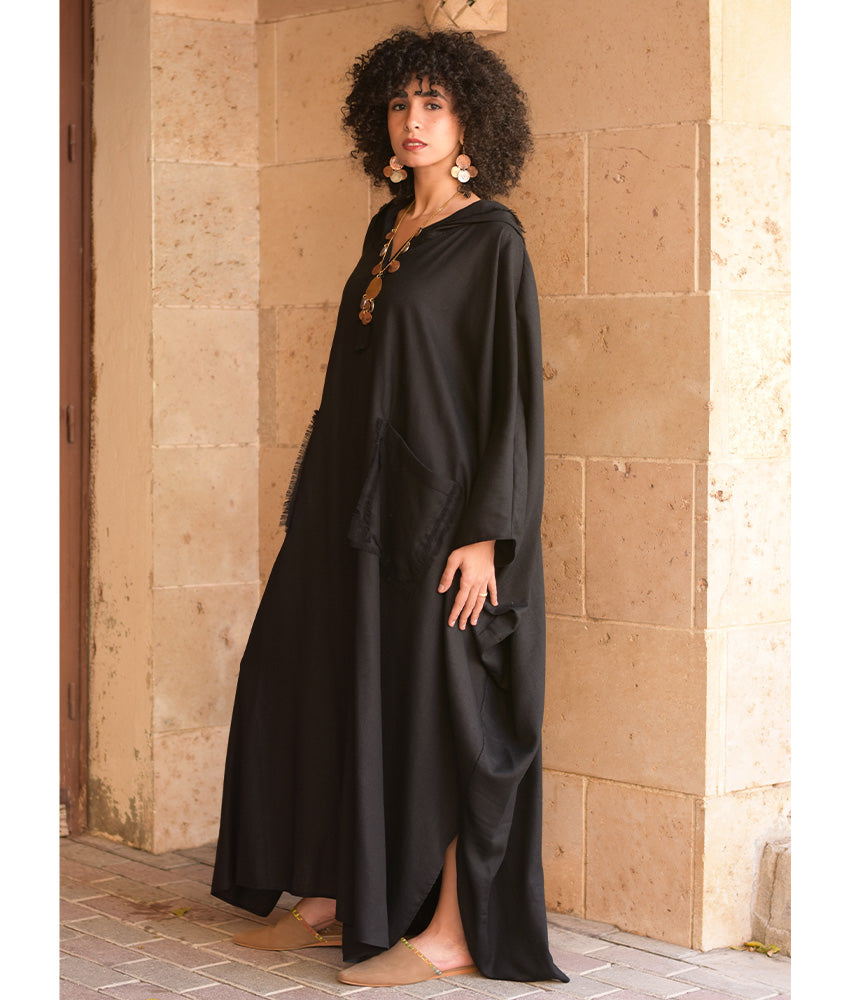 Black Linen Kaftan with Hoodie handmade in Egypt & available at Jozee Boutique.