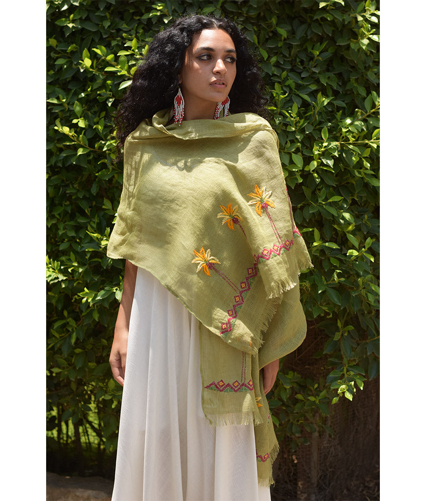 Light Olive Green Embroidered Linen Shawl Handmade in Egypt & available at Jozee Boutique