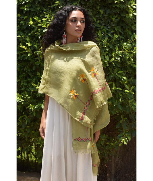 Light Olive Green Embroidered Linen Shawl Handmade in Egypt & available at Jozee Boutique