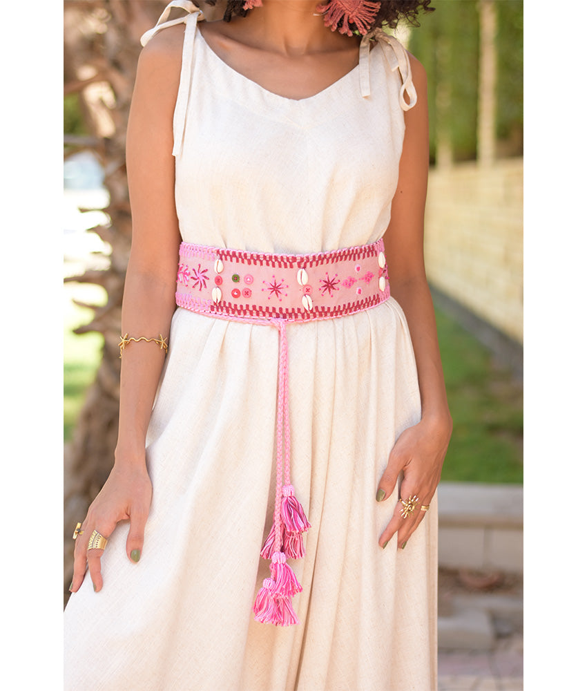 Pink Saint Catherine Embroidered Thin Belt handmade in Egypt & available at Jozee Boutique.