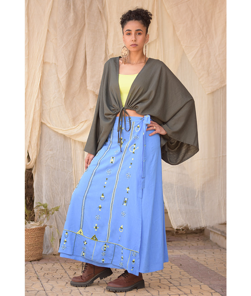 Denim Blue Siwa Embroidered Linen Wrap Skirt handmade in Egypt & available at Jozee Boutique.