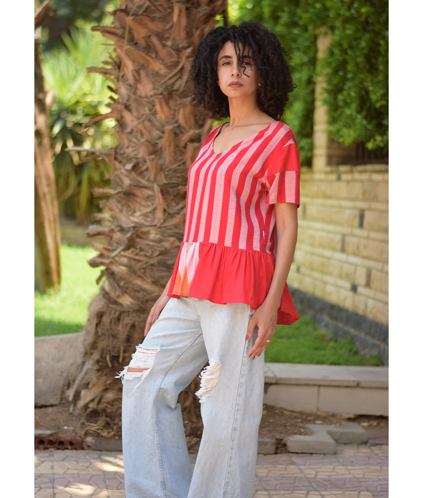 Shades of Red Handwoven Ruffle Top handmade in Egypt & available in Jozee boutique