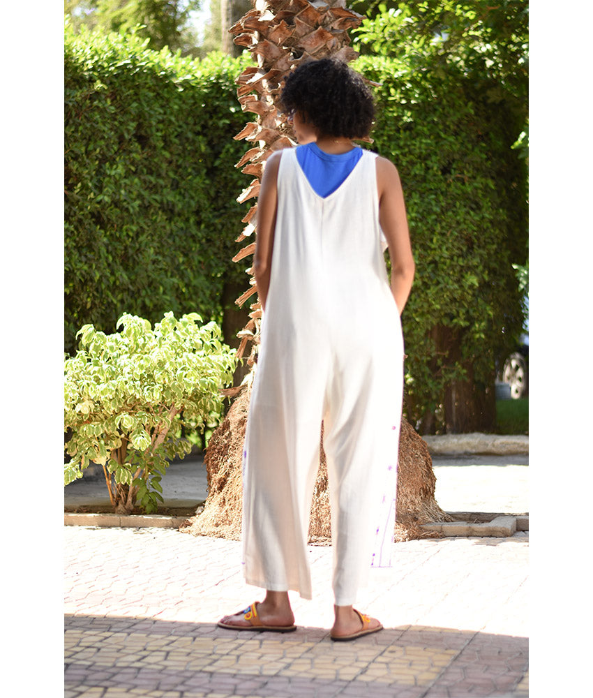 White Siwa Embroidered Linen Jumpsuit Handmade in Egypt & available at Jozee Boutique