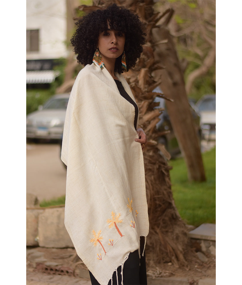 Off White Embroidered Linen Shawl handmade in Egypt & available at Jozee Boutique.handmade in Egypt & available at Jozee Boutique.