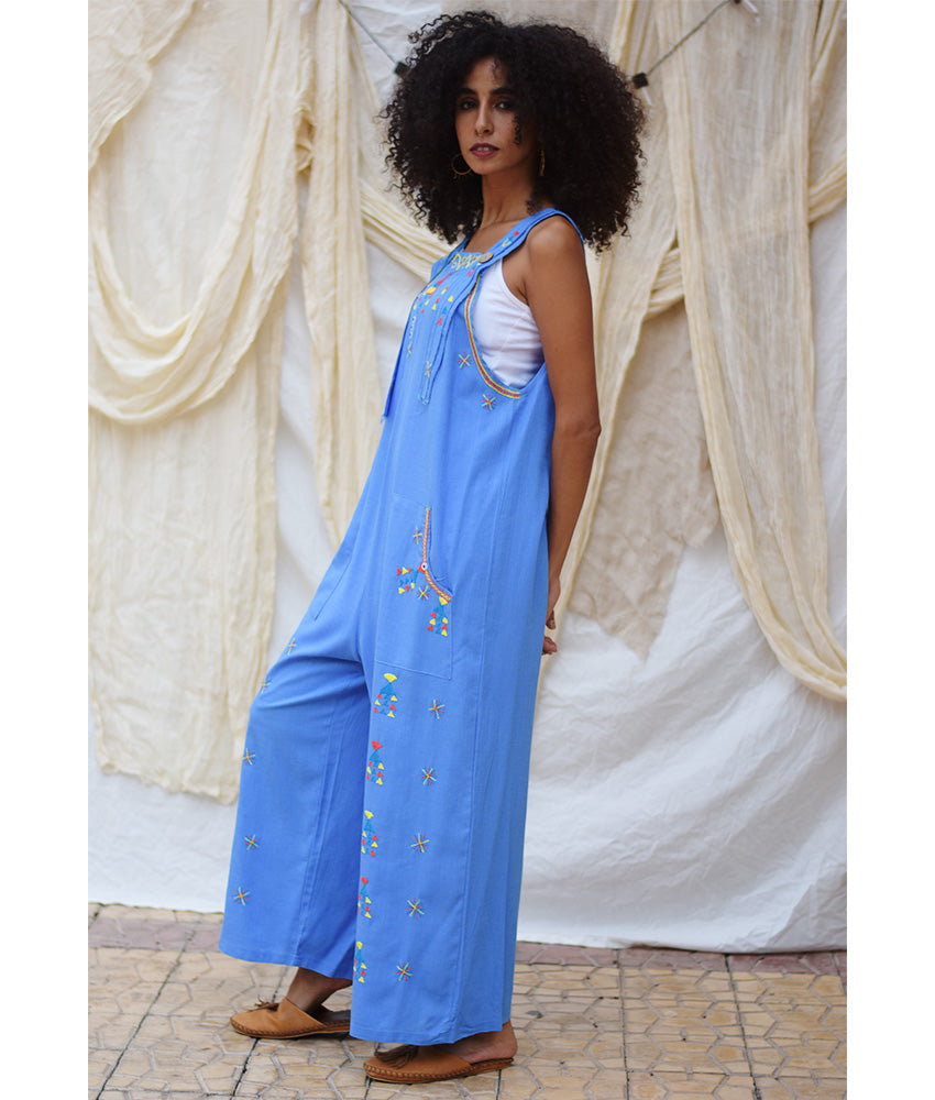 Denim Blue Siwa Embroidered Linen Jumpsuit