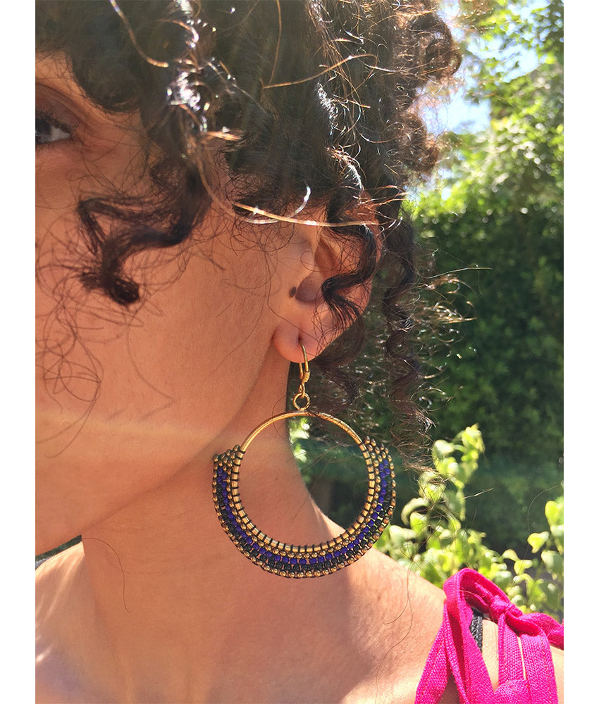 Blue, Black & Gold Beaded Copper Earrings handmade in Egypt & available in Jozee Boutique