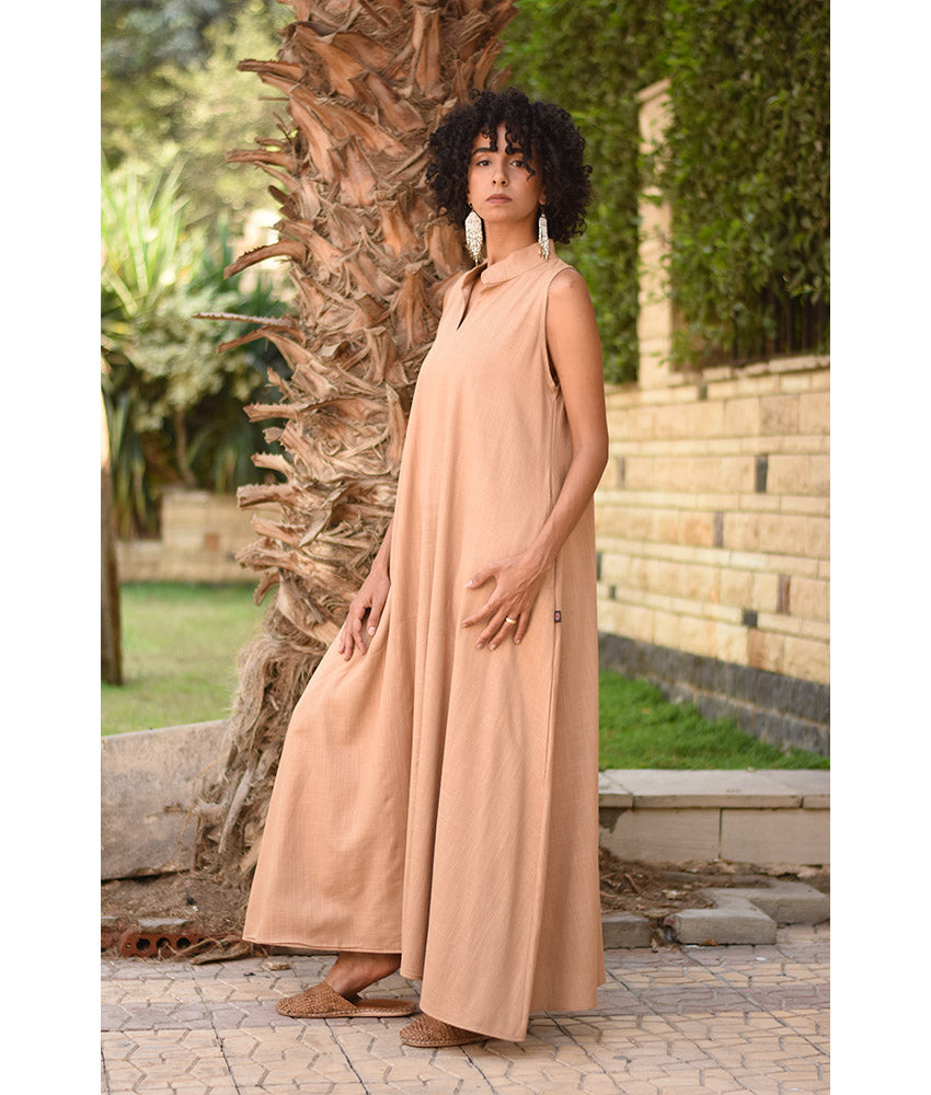 Dark Beige Linen Japanese Dress made in Egypt & available in Jozee boutique