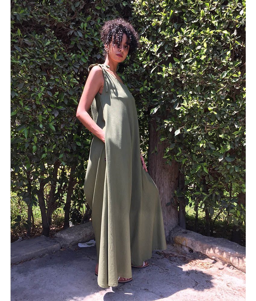 Army Green Flowy Jumpsuit/Dress handmade in Egypt & available at Jozee Boutique.