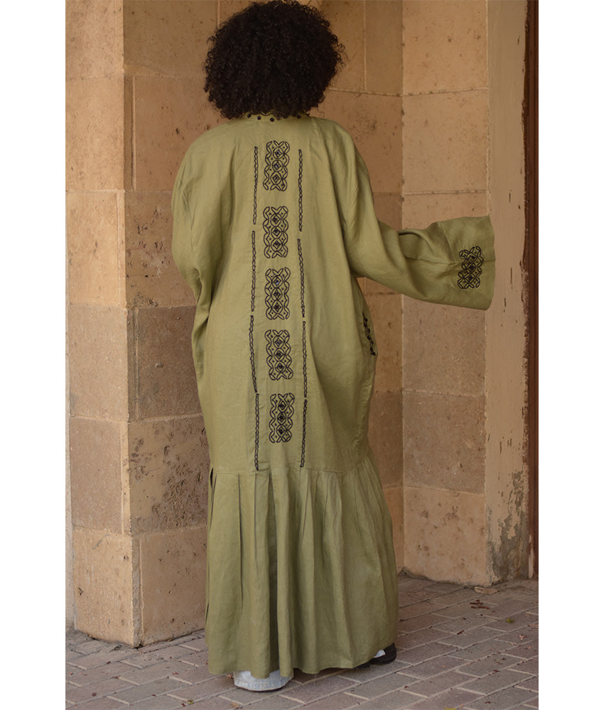 Olive Green Linen Cardigan with Hand Embroideries handmade in Egypt & available at Jozee Boutique.