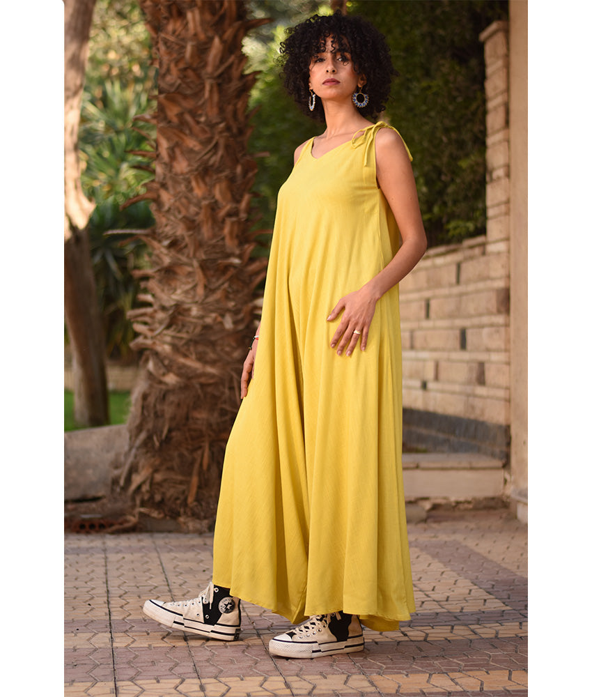 Mustard Flowy Jumpsuit/Dress handmade in Egypt & available at Jozee Boutique.