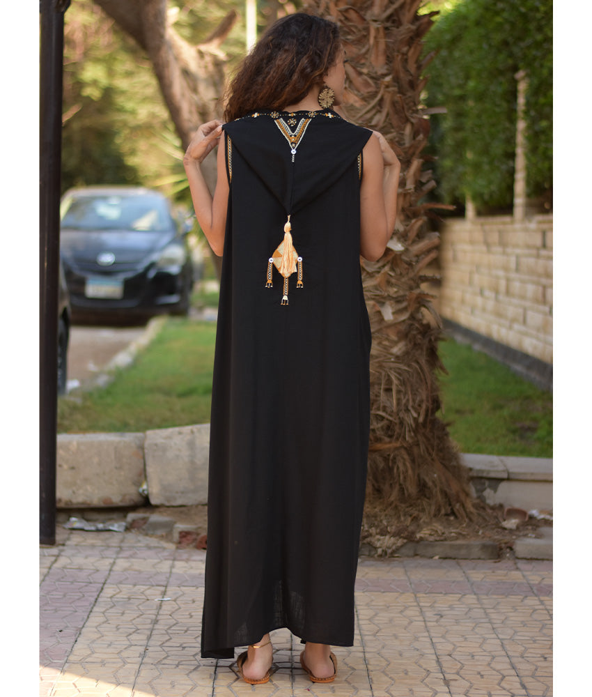 Black Siwa Embroidered Linen Dress with Hoodie handmade in Egypt & available at Jozee Boutique.