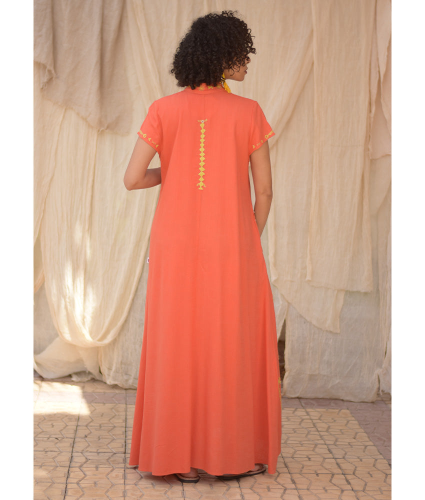 Orange Siwa Embroidered Linen Japanese Dress handmade in Egypt & available at Jozee Boutique.