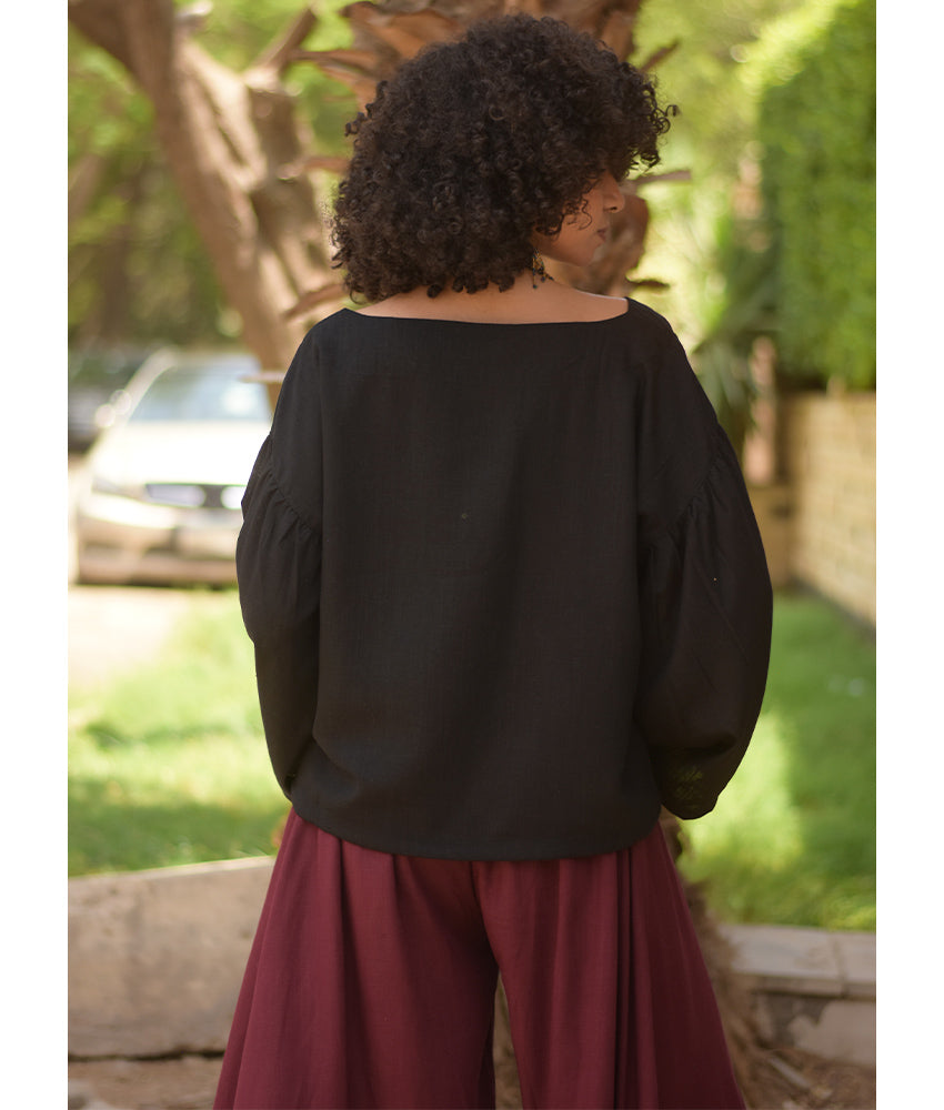 Black Linen Long Sleeves Cinched Top handmade in Egypt & available at Jozee boutique