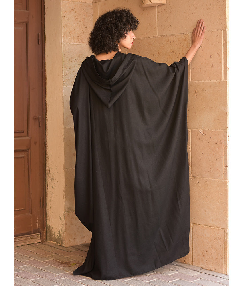 Black Linen Kaftan with Hoodie handmade in Egypt & available at Jozee Boutique.