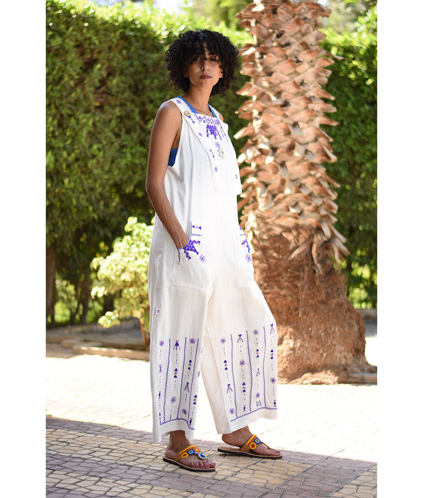 White Siwa Embroidered Linen Jumpsuit Handmade in Egypt & available at Jozee Boutique
