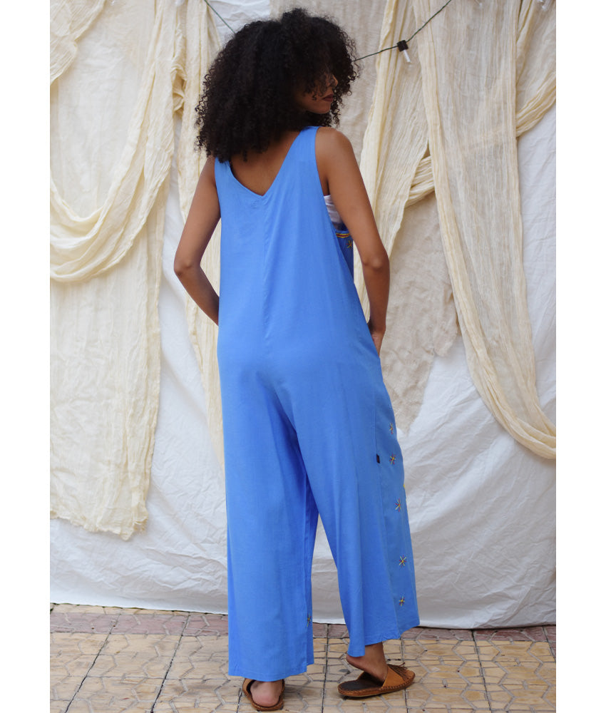 Denim Blue Siwa Embroidered Linen Jumpsuit