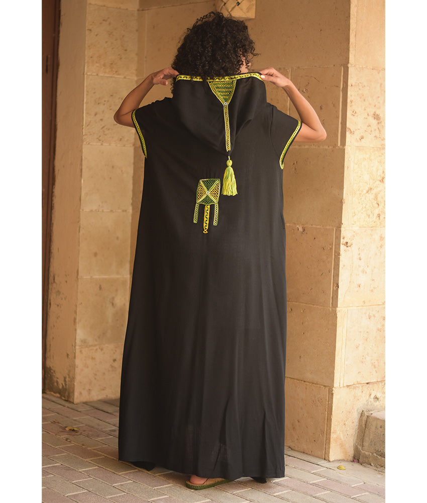 Black Siwa Heavily Embroidered Linen Dress with Hoodie handmade in Egypt & available at Jozee Boutique.